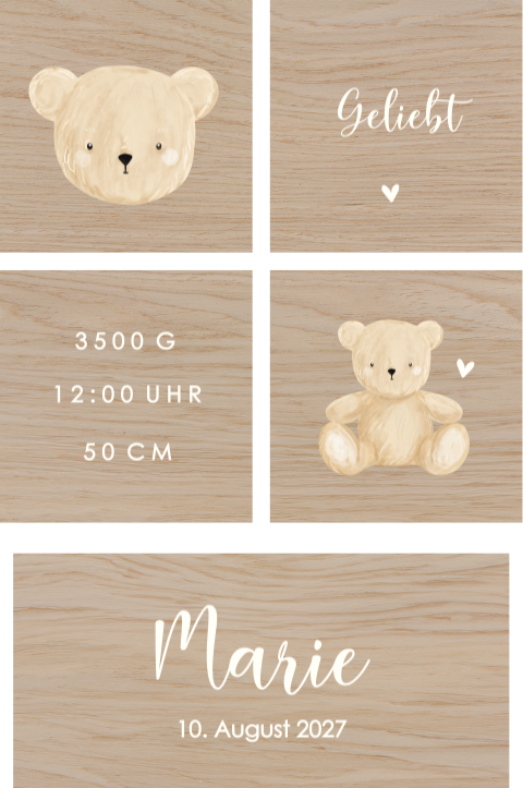 Spielzeug aus Holz mit eigenem Namen und Teddybär Motiv