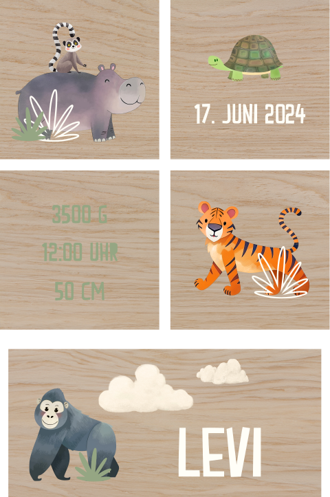 Personalisierte Bauklötze aus Holz mit Dschungel Tieren und Wolken