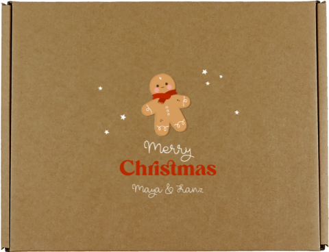 Geschenkbox mit Lebkuchenmann, Namen und Merry-Christmas-Schriftzug