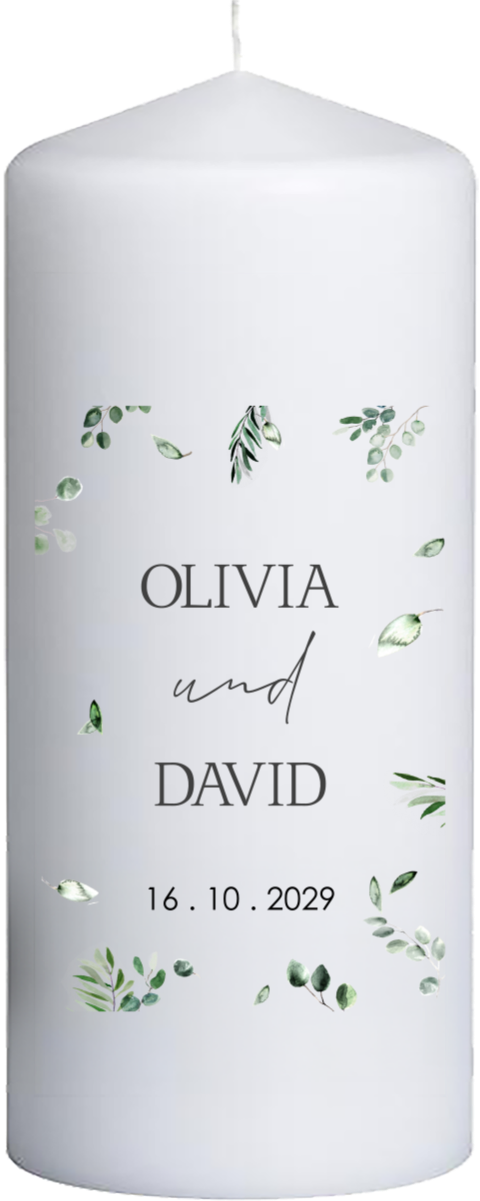 Hochzeitskerze mit Zweigen und klarer Schrift – 20 cm hoch, 8 cm Ø