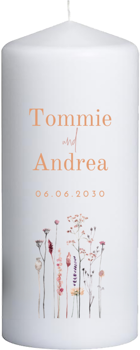 Bohemian Flowers Hochzeitskerze personalisiert - 20 cm hoch, 8 cm Ø