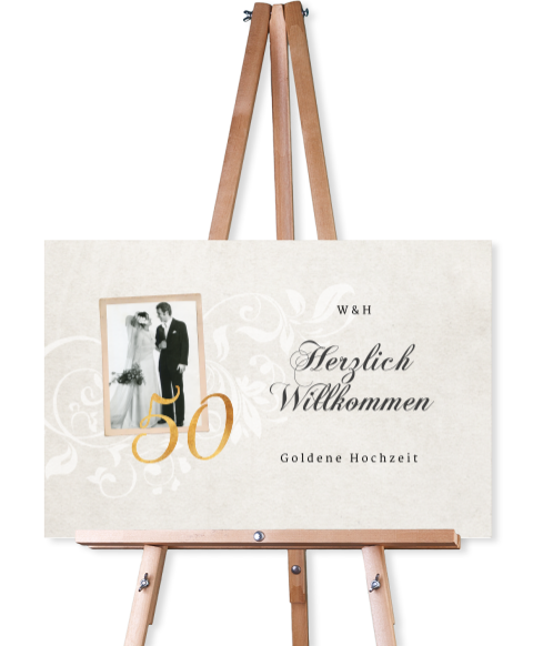 Willkommensschild zur Goldenen Hochzeit mit Foto im Vintage-Stil