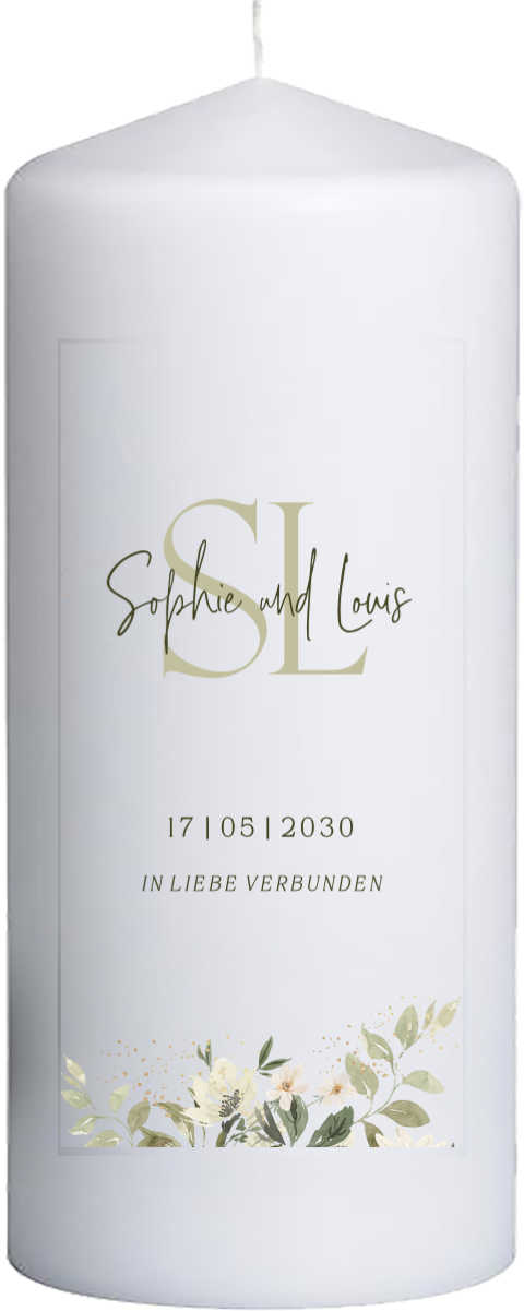 Hochzeitskerze mit Initialen und Blumen 