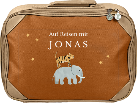Niedlicher Kinderkoffer mit Namen und Elefant, Tiger und Sternen