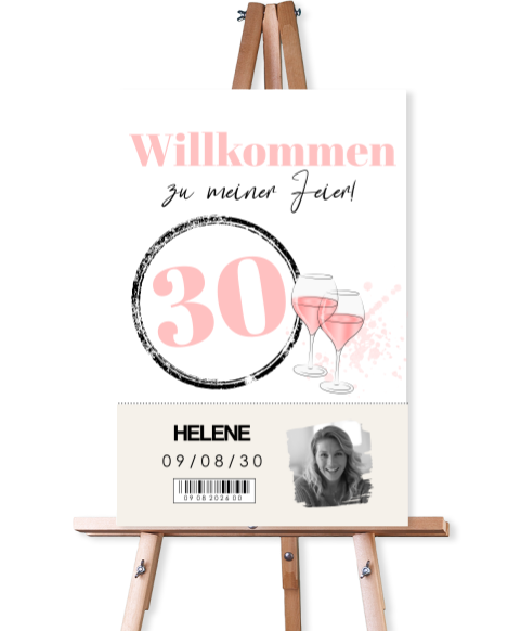 Willkommensschild 30 Jahre mit rosa und Foto