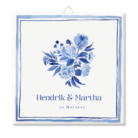 Geschenk Goldene Hochzeit Fliese mit blauen Blumen, Namen und Datum