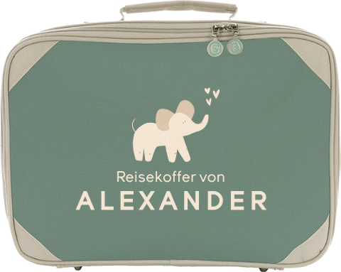 Abenteuerlicher Kinderkoffer zum draufsetzen mit Namen und Elefanten