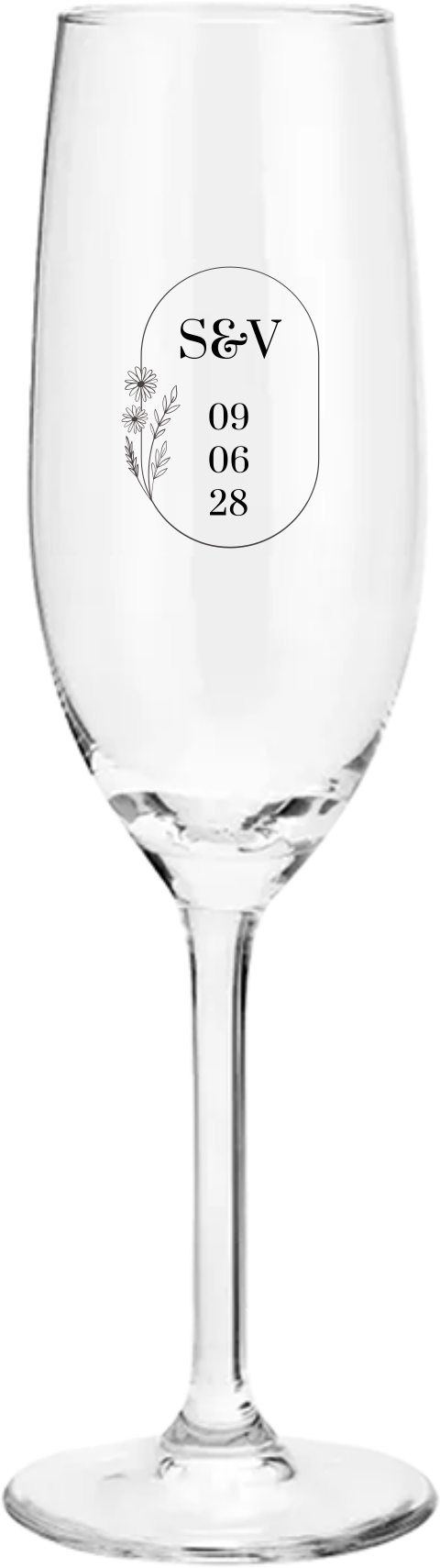 Sektglas für das Hochzeitspaar mit Blumen und Initialien