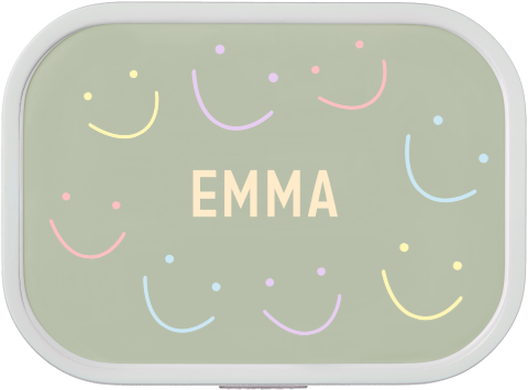 Brotdose mit Namen und fröhlichem Smiley-Muster