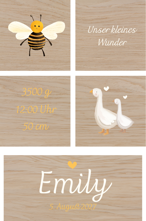 Holzklötze mit Namen des Babys und Bienen und Gänsen