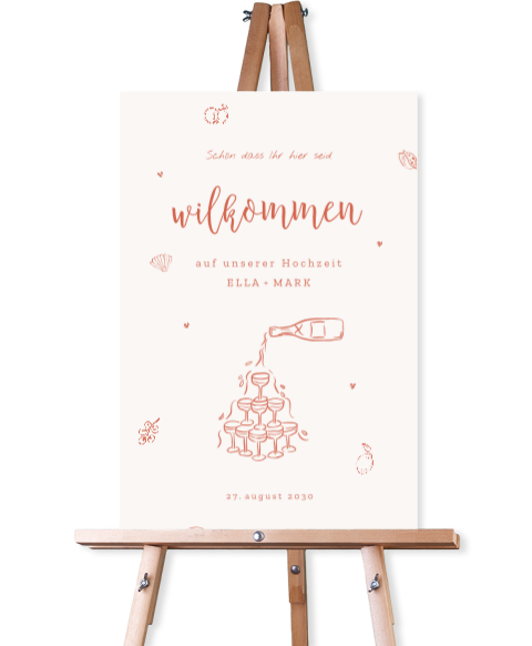 Willkommensschild Hochzeit mit Illustrationen in Orange