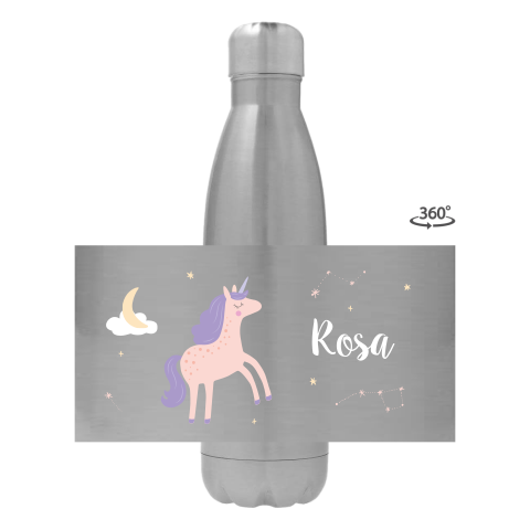 Trinkflasche aus Edelstahl mit Name, Einhorn und Sternen