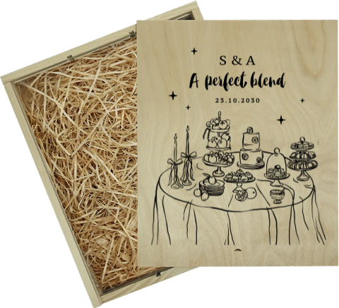 Weinkiste groß als Hochzeitsgeschenk mit Illustration einer festlichen Tafel