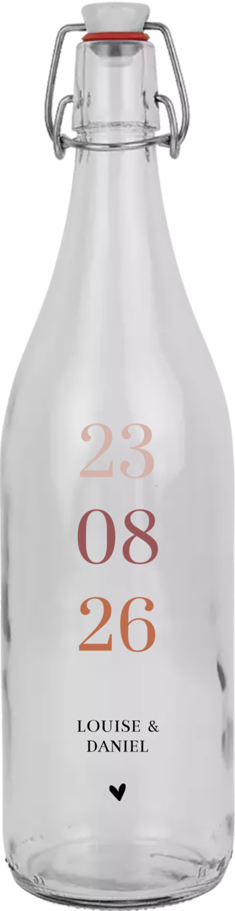 Romantische Bügelflasche mit großem, bunten Datum und schwarzem Herz