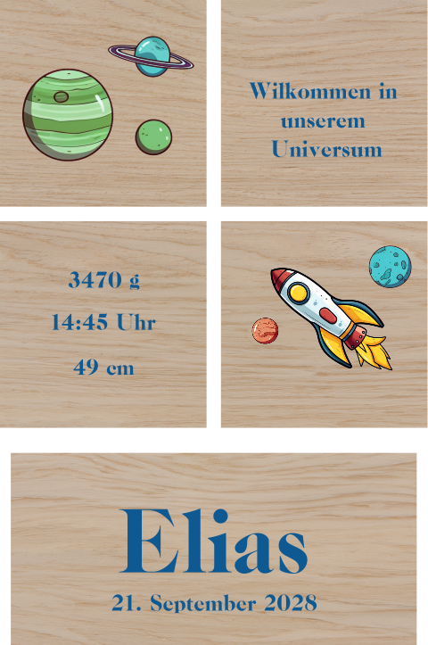 Spielzeug aus Holz mit Rakete und Planeten