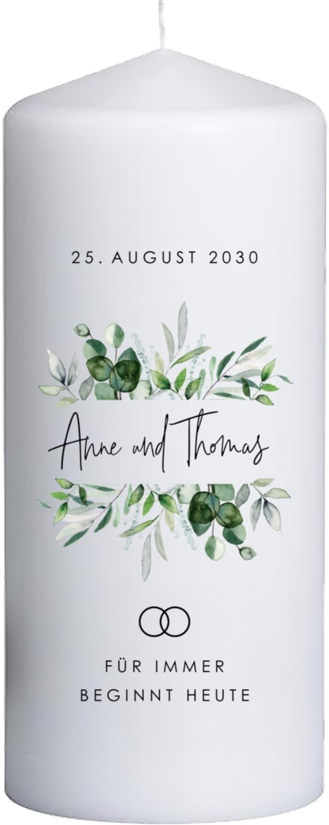Hochzeitskerze mit Eukalyptusblättern und Ringen – 20 cm hoch, 8 cm Ø