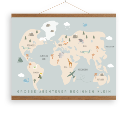 Leinwandposter Kinderzimmer Weltkarte incl Holzlatten