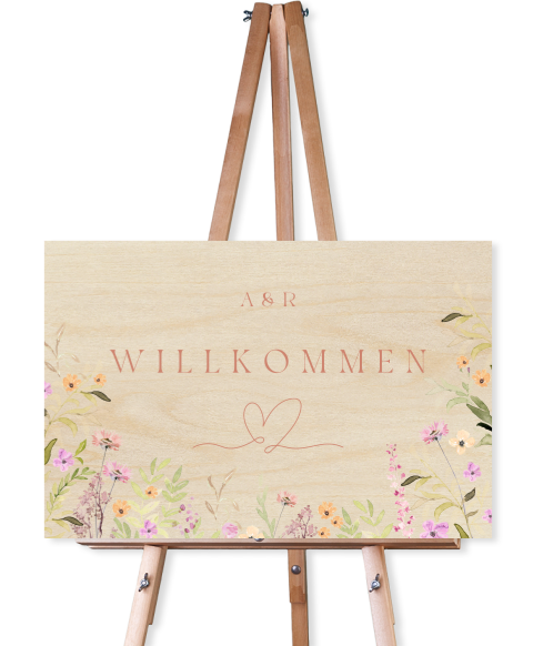 Florales Willkommensschild zur Hochzeit aus Holz mit bunten Blumen