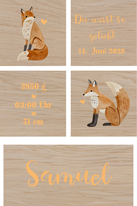 Bauklötze mit Namen des Babys und Füchsen