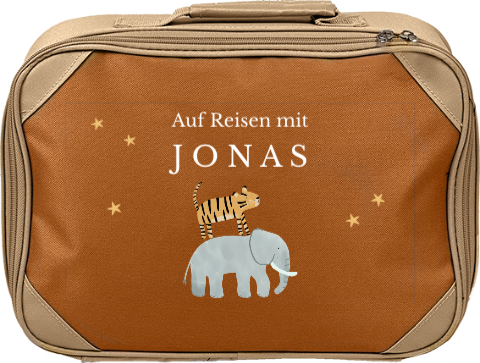 Niedlicher Kinderkoffer mit Namen und Elefant, Tiger und Sternen