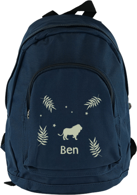 Moderner Kinderrucksack mit Namen, Zweigen und Löwen
