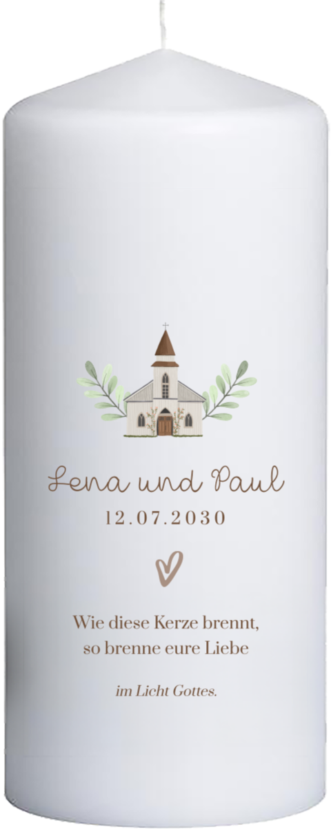 Hochzeitskerze mit Kirche, Herzsymbol und Vers – 20 cm hoch, 8 cm Ø