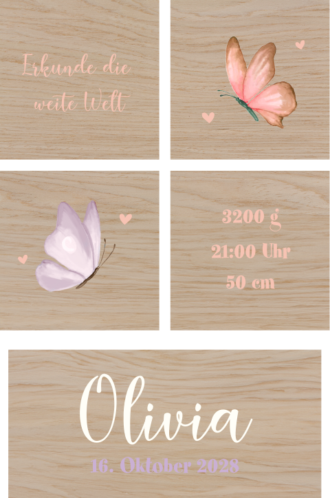 Bauklötze mit Namen und Schmetterlingen