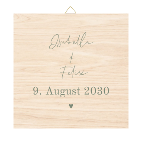 Holzfliese zur Hochzeit mit grüner Schrift