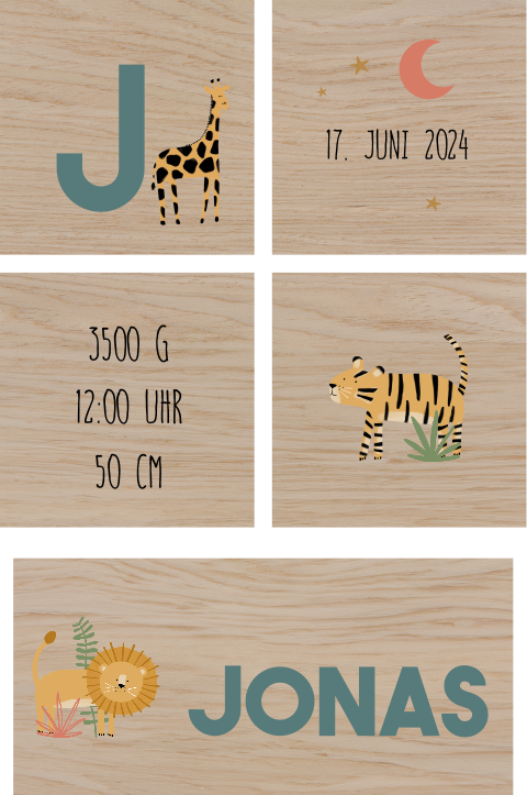 Bauklötze mit Namen des Babys und Dschungel Motiven