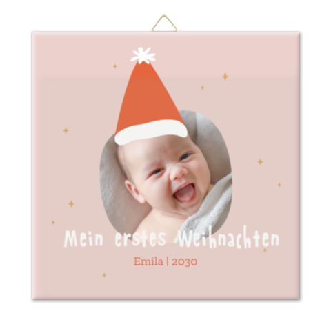 Fotofliese Babys erstes Weihnachten mit Foto und Weihnachtsmütze