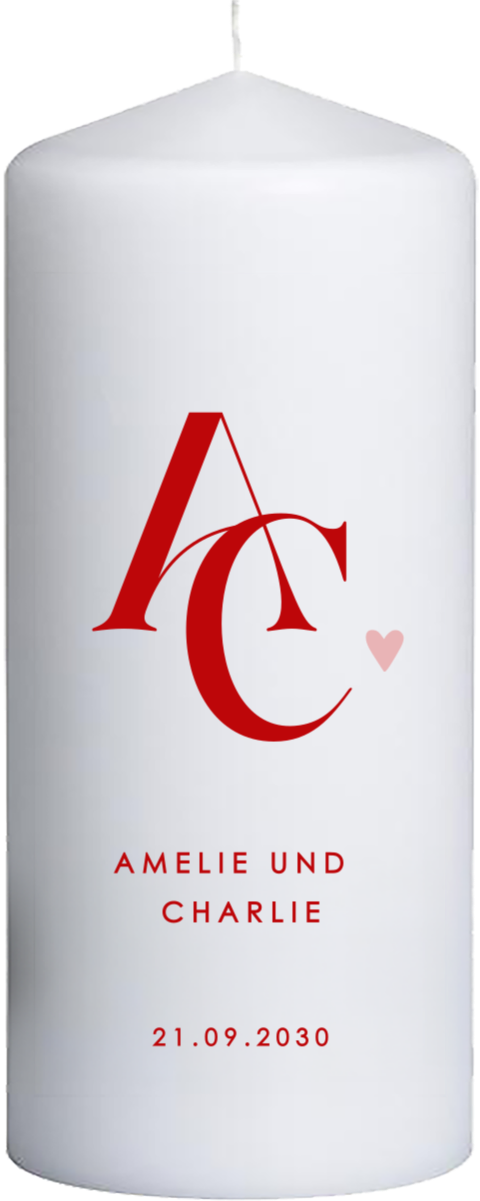 Hochzeitskerze mit roten Initialen, Namen und Datum 20 cm hoch Ø 8 cm
