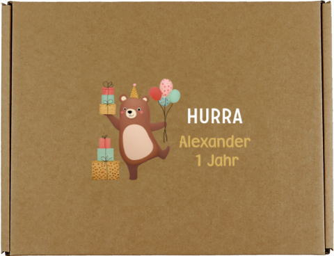 Geschenkbox zum 1. Geburtstag mit Bär, Geschenken und Luftballons