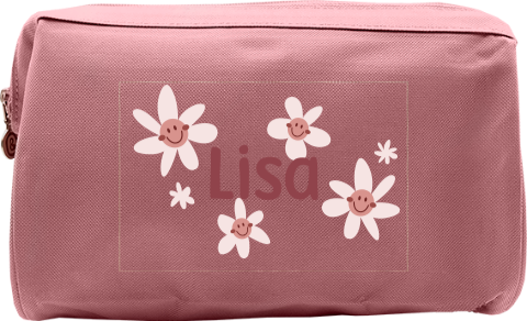 Schöner Kulturbeutel mit lächelnden Blumen und Namen