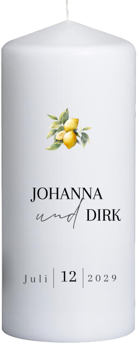 Hochzeitskerze mit Zitrone und Typografie – 20 cm hoch, 8 cm Ø