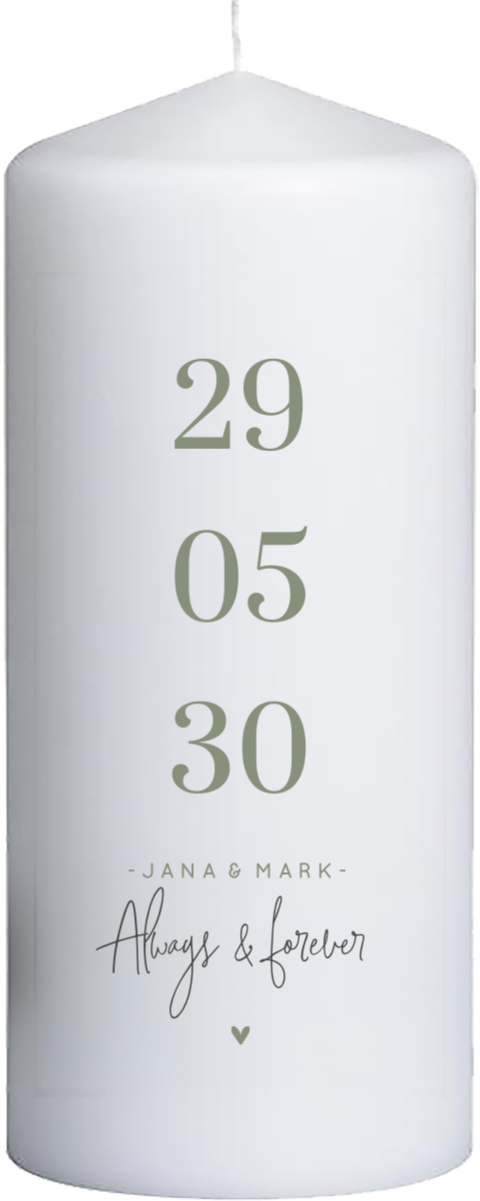 Hochzeitskerze mit Schrift in Salbeigrün 15 cm lang, Ø6 cm