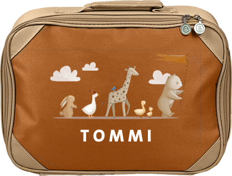 Abenteuerlicher Kinderkoffer mit Namen und Tierparade