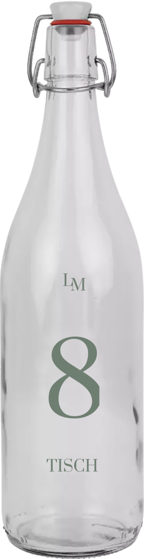 Schlichte Bügelflasche mit grüner Schrift und Ziffer als Tischnummer