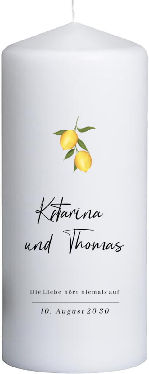 Hochzeitskerze mit Zitronen, Herz und Namen - 20 cm lang, 8 cm Ø