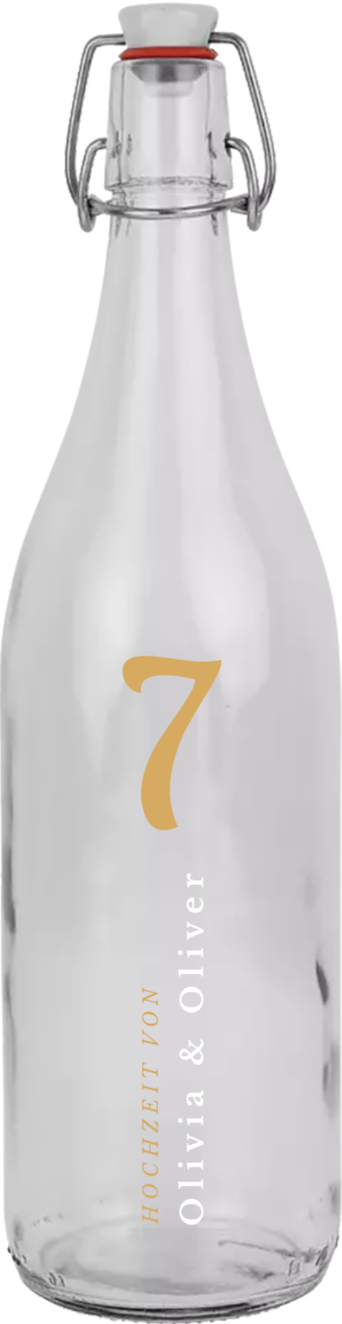 Sommerliche Bügelflasche mit Namen und Ziffer als Tischnummer