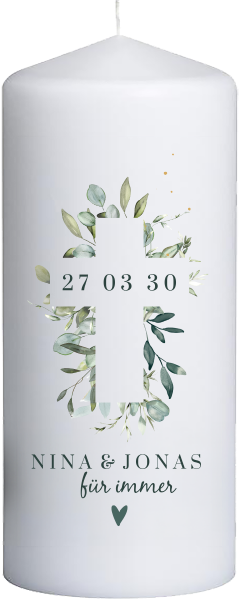 Hochzeitskerze mit Kreuz und Herzsymbol – 20 cm hoch, 8 cm Ø