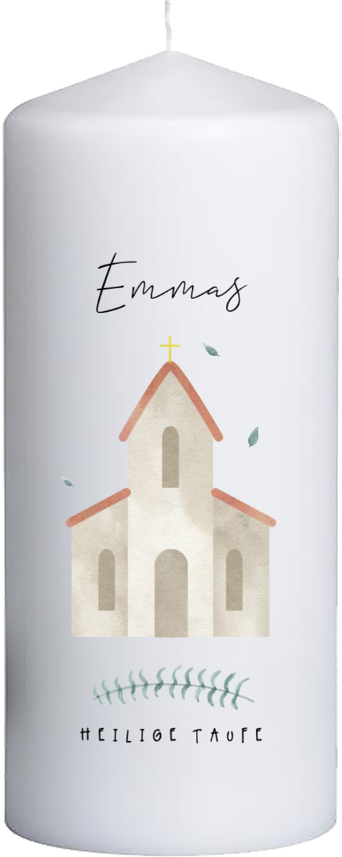Taufkerze mit Kirche & Namen – 20 cm hoch, 8 cm Ø