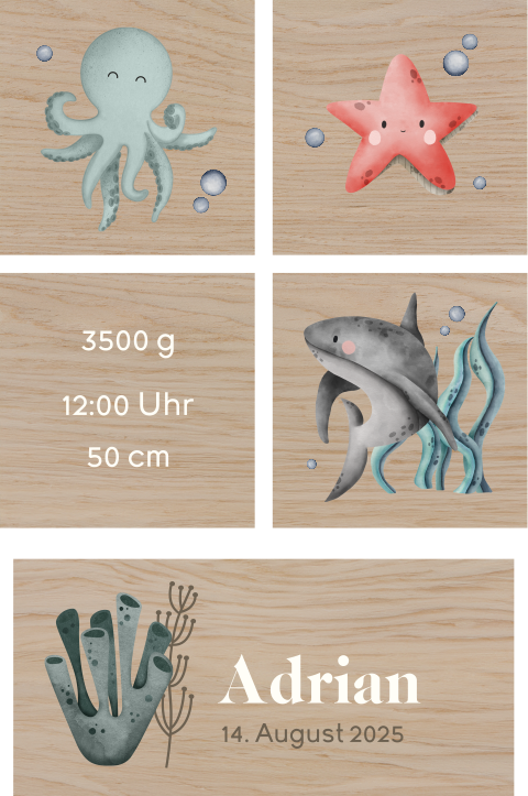 Bauklötze aus Holz mit Meerestieren und Namen