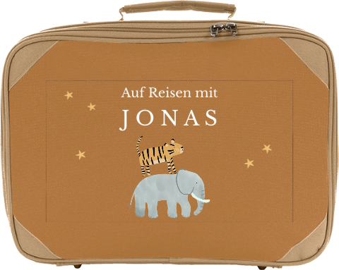 Niedlicher Kinderkoffer mit Namen und Elefant, Tiger und Sternen