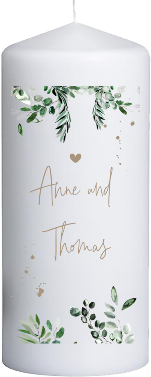 Hochzeitskerze mit botanischen Elementen – 20 cm hoch, 8 cm Ø