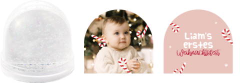 Schneekugel zu Weihnachten mit Foto, Zuckerstangen und rosa Hintergrund