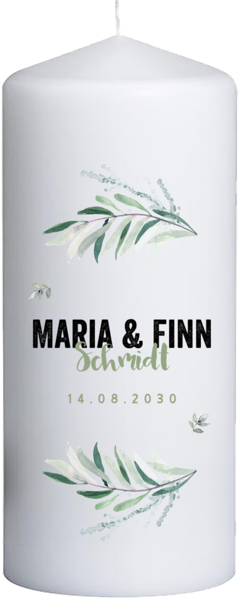 Hochzeitskerze mit Zweigen und Namen - 20 cm hoch, 8 cm Ø