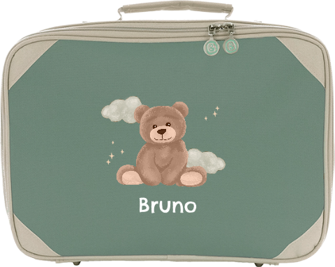 Niedlicher Kinderkoffer mit Namen und sitzender Teddybär und Wolken