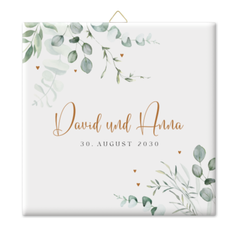 Hochzeitsfliese mit Eukalyptuszweigen