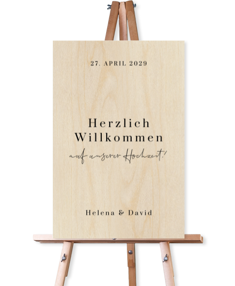 Willkommensschild zur Hochzeit aus Holz mit schwarzer Typografie Holz