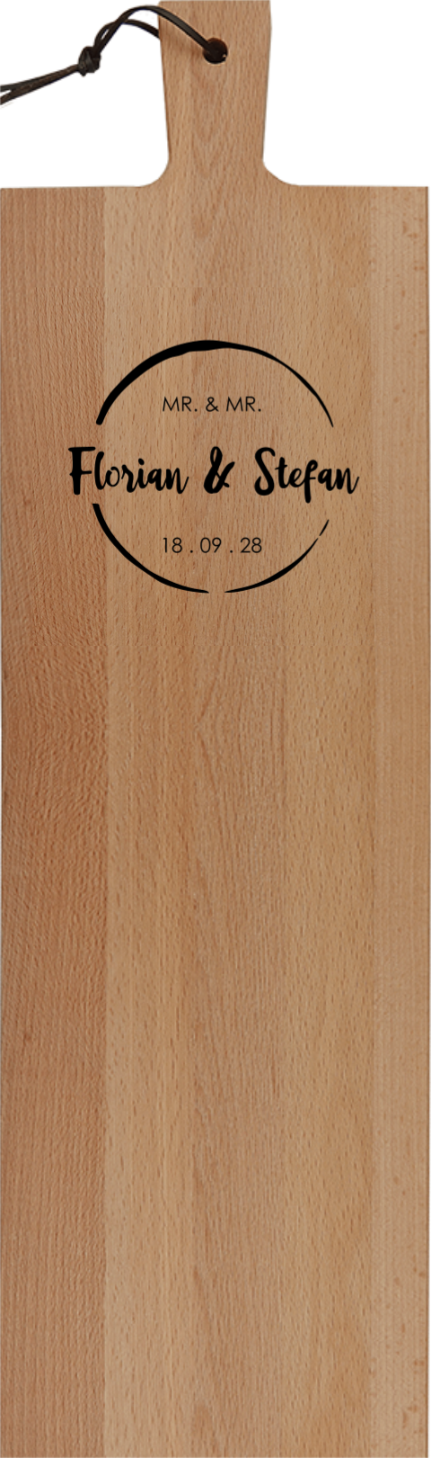 Schneidebrett aus Holz mit Mr. and Mr. und Weinglasabdruck
